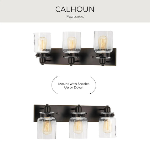 Calhoun Collection Clear Glass Farmhouse Bath Vanity Light Three Light Antique Bronze Finish with Thick Glass Shades