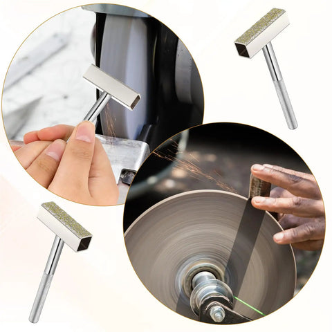 3 Pack Diamond Coated Grinding Wheel Dresser Tools with flat surfaces on grinding wheel, shown in use with hands.