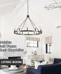 Wagon Wheel Farmhouse Chandelier In Black And Wood, 6 Light Rustic Industrial Pendant Light Fixture, living room setting