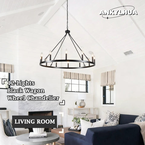Wagon Wheel Farmhouse Chandelier In Black And Wood, 6 Light Rustic Industrial Pendant Light Fixture, living room setting