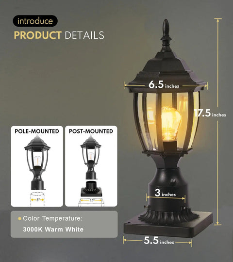 Dusk To Dawn Outdoor Post Light Hardwired 120V Aluminum Exterior Lantern With Pier Mount And Clear Glass Matte Black Finish, dimensions shown.