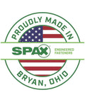 SPAX logo featuring the text 'Proudly Made in Bryan, Ohio' and American flag design, representing quality engineered fasteners.