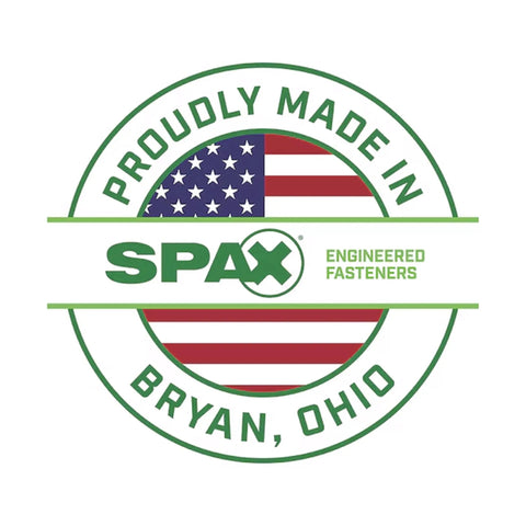 SPAX logo featuring the text 'Proudly Made in Bryan, Ohio' and American flag design, representing quality engineered fasteners.