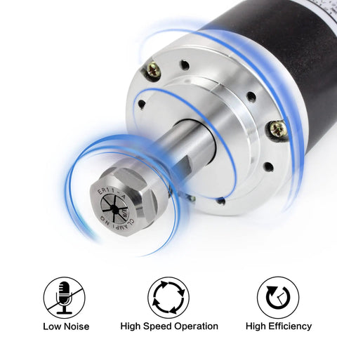 Close-up of Beefy Air Cooled DC Brushless Spindle Motor Kit For CNC Router, 500W 48V Spindle With ER11, 12000 RPM assembly