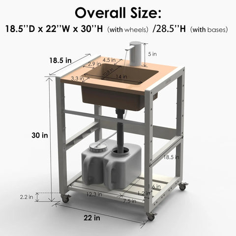 Ace Portable Sink With Electronic Faucet Self Contained Wash Station dimensions 18.5x22x30 inches, with waste tanks and wheels.