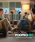 On The Go Podcast Studio Bundle With Dual CastMic Dynamic Mics, MDX Two USB Audio Interface setup in cozy living room scene