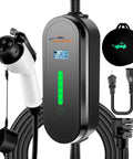 Portable Level 1 And 2 EV Charger Drops A Sharp 8 To 16 Amp Punch Includes Nema 6 20 Plug And 5 15 Adapter 17 Foot Kink Free Wire For Every Sae J1772 Ride Designed Hella Tailgate Friendly with control panel and charging cables.