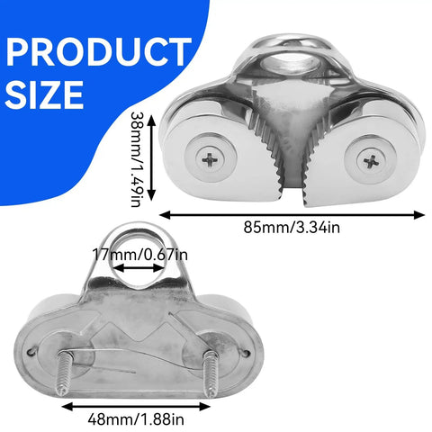 Beefy 316 Stainless Steel Cam Cleat With Rustproof Design, 6 To 15mm Rope Fit, shown with dimensions and fairlead ring