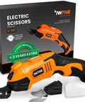 Slick Cordless Electric Fabric Scissors And Heavy Duty Cardboard Cutter With Two Swappable Blades Killer Rechargeable Craft Shears viewed with box and accessories.