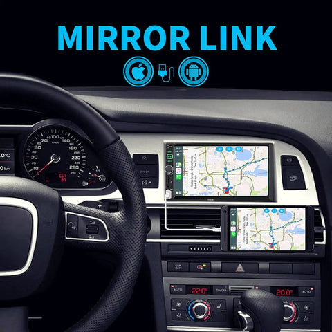 Car dashboard displaying Double Din Car Stereo With Apple CarPlay And Android Auto, showing map via Mirror Link