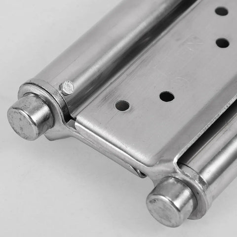 Close-up of Stainless Steel Beefy Double Spring Self Closing Door Hinges 2 Pack With Automatic Closing Versatile Exterior Door and Fence Hardware