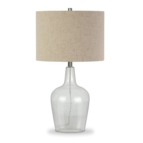 Tall Watermarked Glass Table Lamp With Linen French Drum Shade In Neutral Flax, Cozy Yet Modern For Living Room Bedroom Office And Dining