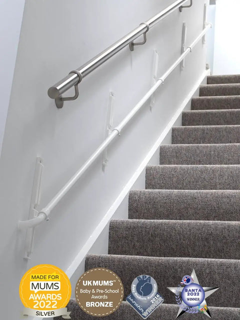 Fully Adjustable Toddler Stair Handrail Built Like A Tank For Little Ones Grows With Your Kid To Deliver Kid Approved Safety And Rock Solid Support Down Each Step Zero Hassle Standard Mount Kit installed on carpeted stairs with wall mounting.