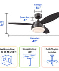 Diagram of 52 Inch Alloy LED Ceiling Fan In Gun Metal Finish With Reversible Black And Applewood Blades, Dope Dimmable LED Light Kit