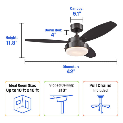 Diagram of 52 Inch Alloy LED Ceiling Fan In Gun Metal Finish With Reversible Black And Applewood Blades, Dope Dimmable LED Light Kit