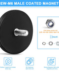 Six Pack Black Rubber Coated Neodymium Magnets With 31 Lbs Pull, M6 Threaded Studs Base shown with anti-loose screw nut