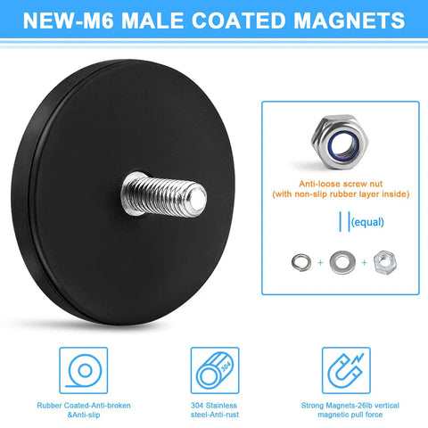 Six Pack Black Rubber Coated Neodymium Magnets With 31 Lbs Pull, M6 Threaded Studs Base shown with anti-loose screw nut
