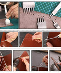 TLKKUE leather craft tool set; collage showing chisels and awl on brown leather with storage bag included