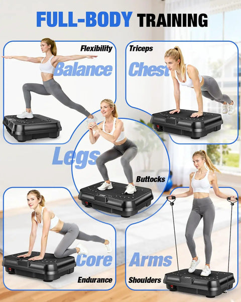 Vibration Plate Exercise Machine For Weight Loss With 250 Speed Platform Remote And Resistance Bands 450 Lb Capacity Black shown in use