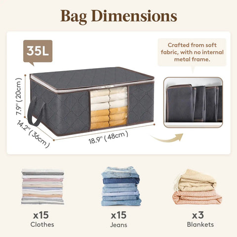 Gray Six Pack Clothes Storage Bags Foldable Storage Bins with reinforced handles and clear window, 35L, dimensions labeled.