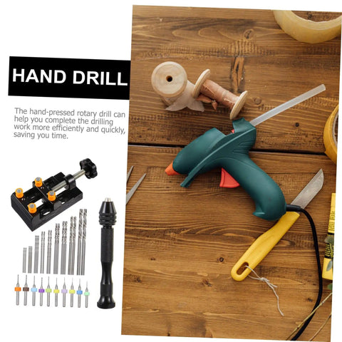 One Set Drill Bit Kit For Woodworking Jewelry Making And PCB Drilling Hand Drill Tools with pin vise and bits on wooden table
