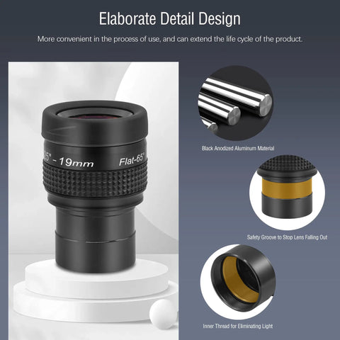 Flat Field 19mm Eyepiece For Telescopes 1.25 Inch Fully Multicoated 65 Degree Ultra Wide Angle Accessory features detailed design