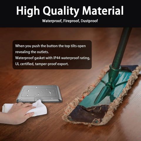 Mop cleaning around Pop Up Floor Box Waterproof Floor Outlet Kit With 20A USB Chargers And Tamper Resistant Receptacle.