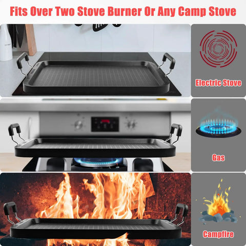 Stove Top Griddle 22 Inch Two Burner Large Grill Pan Nonstick Aluminum With Handles For Indoor Outdoor Cooking And Camping