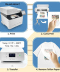 DIY Friendly Inkjet Compatible Heat Transfer Paper For T Shirts 15 Sheets 8.5 x 11 Inches Printable Iron On Transfer For Dark Fabric With Vivid Color And Durable Finish, steps of using transfer paper on a printer, cutting, ironing, and removing Teflon paper from a T-shirt