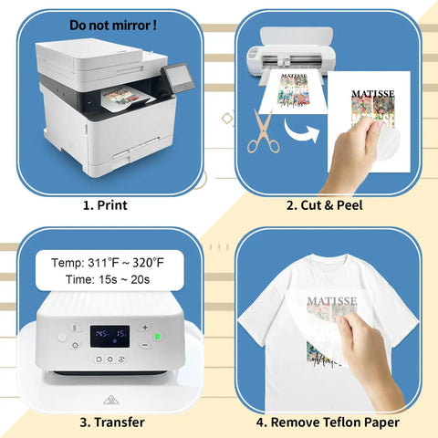 DIY Friendly Inkjet Compatible Heat Transfer Paper For T Shirts 15 Sheets 8.5 x 11 Inches Printable Iron On Transfer For Dark Fabric With Vivid Color And Durable Finish, steps of using transfer paper on a printer, cutting, ironing, and removing Teflon paper from a T-shirt