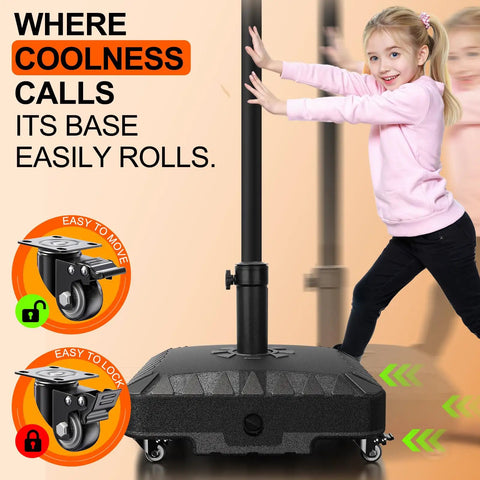 Child pushing 120 Pound Wheeled Patio Umbrella Base Heavy Duty Outdoor Umbrella Stand With Easy Glide Wheels For Patio And Poolside Wind Resistant Stable Secure Tough As Nails Black