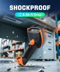 Shockproof 1D 2D QR Barcode Scanner With Adjustable Folding Stand And Charging Cradle in a warehouse setting, Model D5100 Fold.