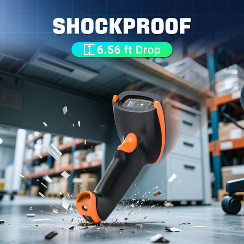 Shockproof 1D 2D QR Barcode Scanner With Adjustable Folding Stand And Charging Cradle in a warehouse setting, Model D5100 Fold.