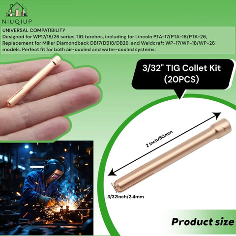 3 By 32 TIG Collet Kit 20 Pcs Copper Collet Tips And Bodies For WP17 WP18 WP26 Torches in hand showing size and detail