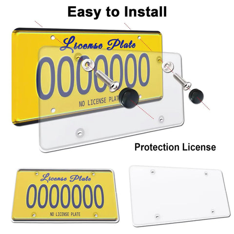 Clear License Plate Cover Set For Front And Rear Unbreakable Transparent Protector with screws and caps, easy installation.