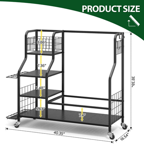 Heavy Duty Golf Storage Organizer For Garage With Lockable Wheels 3 Tier Shelves And Removable Hooks In Black