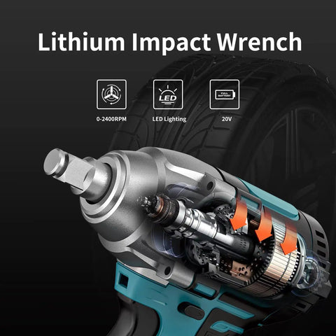 Cutaway view of 1/2 Inch Brushless Cordless Impact Wrench Kit With 300 Ft Lb High Torque And 3000 RPM, 20V Power.