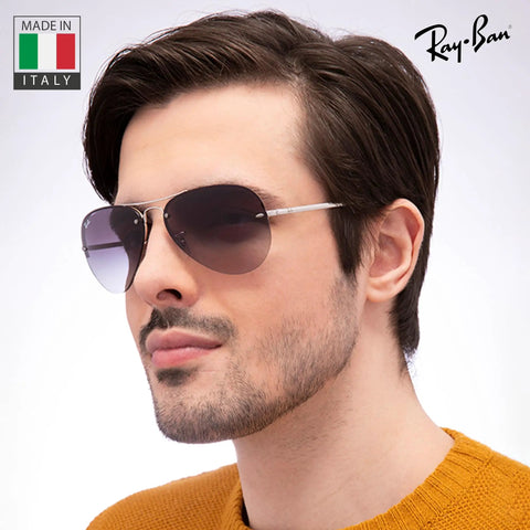 Man wearing RB3449 Pilot Shape Nonpolarized Sunglasses For Men With Gray Gradient Lenses Modern Edge That Keeps It Classic Dope Everyday Wear