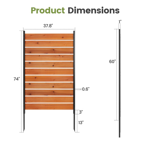 Wood Privacy Screen For Outdoors No Dig Garden Fence dimensions displayed with height and width in reddish brown design.