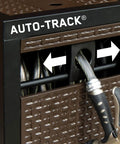 Close-up of NeverLeak Hose Reel Cabinet With 100 Ft Capacity, Decorative Wicker Look, Auto Track Rewind in use