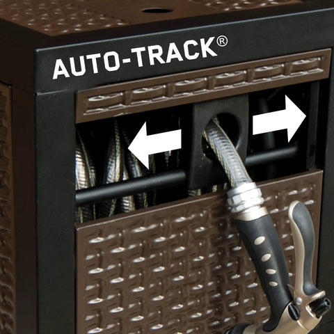Close-up of NeverLeak Hose Reel Cabinet With 100 Ft Capacity, Decorative Wicker Look, Auto Track Rewind in use