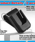 2 Pack Transmitter Clips For MicroPLUS Remote Controls showing black visor clip with wire clamp, fixing clip, and bottom hole