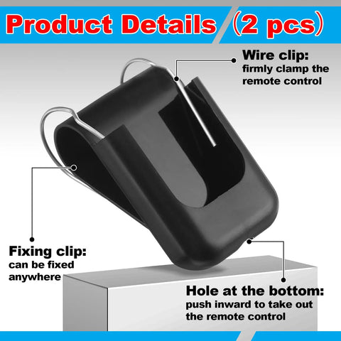 2 Pack Transmitter Clips For MicroPLUS Remote Controls showing black visor clip with wire clamp, fixing clip, and bottom hole