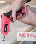 Slick 4V Usb Rechargeable Electric Screwdriver And 41 Piece Tool Kit With Swivel Handle And Bright Led For No Sweat Diy Repairs And Furniture Assembly Jobs Pink in use, showing hands gripping the tool.