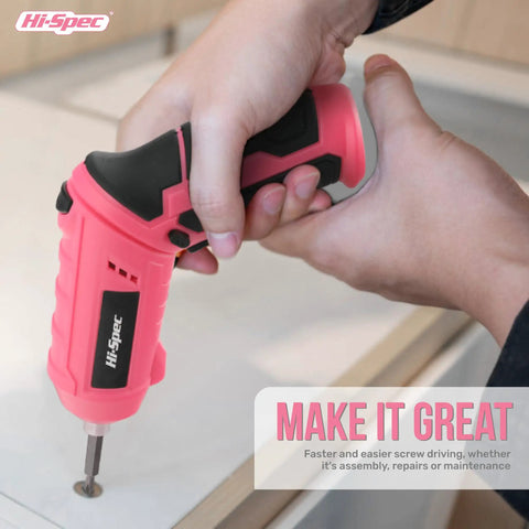 Slick 4V Usb Rechargeable Electric Screwdriver And 41 Piece Tool Kit With Swivel Handle And Bright Led For No Sweat Diy Repairs And Furniture Assembly Jobs Pink in use, showing hands gripping the tool.