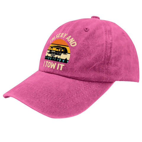 I Am Sexy And I Tow It Vintage Camping RV Camper Truck Hat For Men Funny Outdoor Cap with adjustable strap in rose red