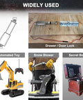 12V mini metal linear actuator with mounting brackets; collage shows four uses: drawer lock, toy, snow blower, secret box.