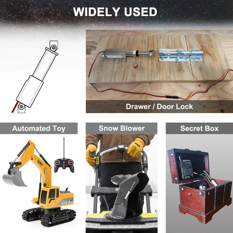 12V mini metal linear actuator with mounting brackets; collage shows four uses: drawer lock, toy, snow blower, secret box.