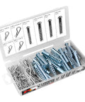 Open box displaying 74-Piece Universal Clevis Pin Set for Mechanics and DIYers, W5359 Compatible Assortment Kit with various sizes for repairs.