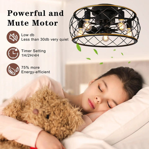 20 Inch Cage Ceiling Fan With Lights And Remote, Flush Mount Low Profile Farmhouse Ceiling Fan For Kitchen And Bedroom, Black And Gold Finish, Dope Industrial Modern Vibe.